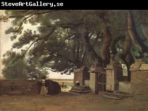 Jean Baptiste Camille  Corot A Gate Shaded by Trees also called Entrance to the Chateau Breton Landscapee (mk05)